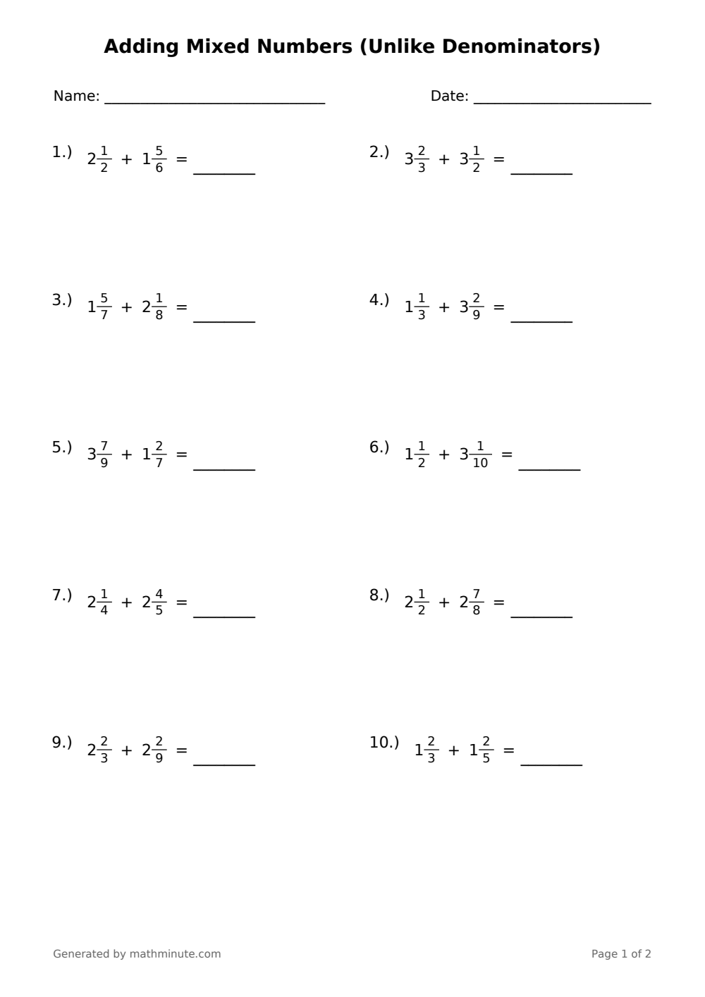 Free printable Adding Mixed Numbers (Unlike Denominators) math worksheet — page 1 preview.