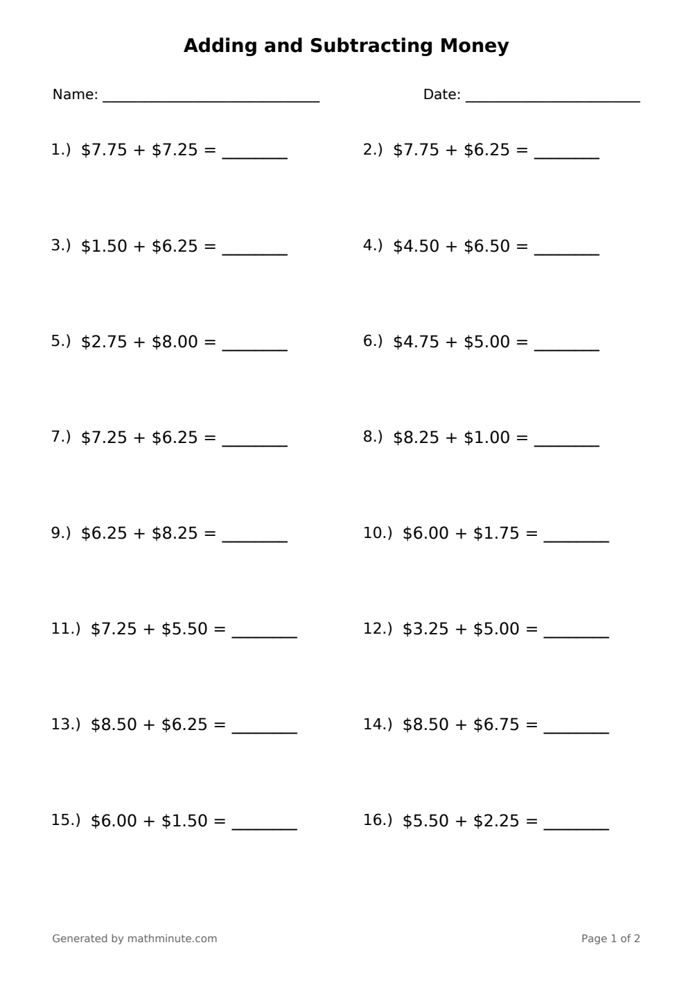 Free printable Adding and Subtracting Money math worksheet — page 1 preview.