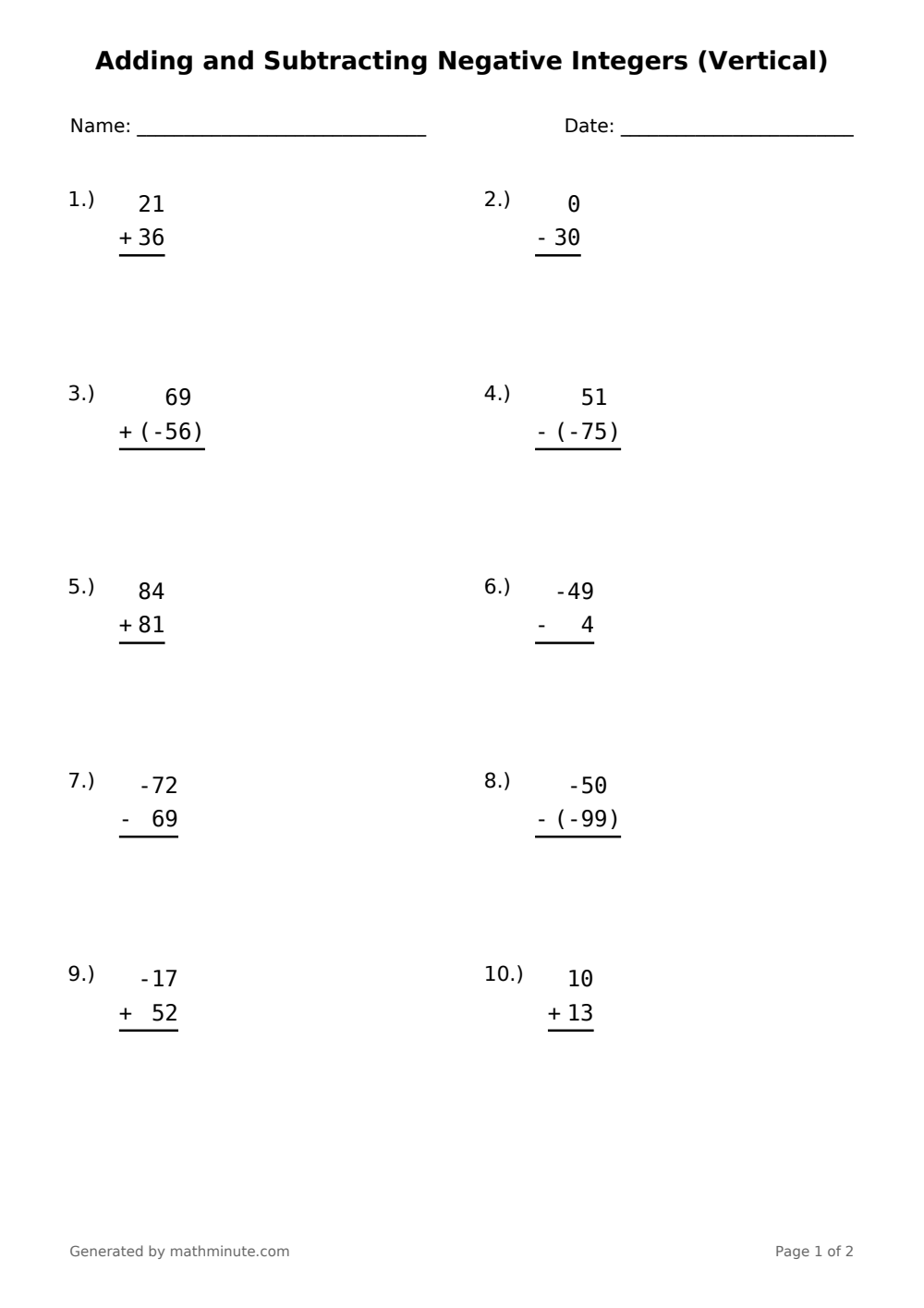 Free printable Adding and Subtracting Negative Integers (Vertical) math worksheet — page 1 preview.