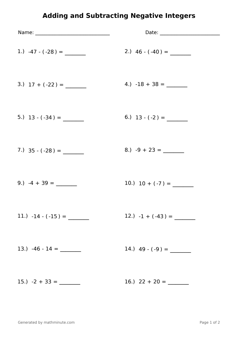 Free printable Adding and Subtracting Negative Integers math worksheet — page 1 preview.
