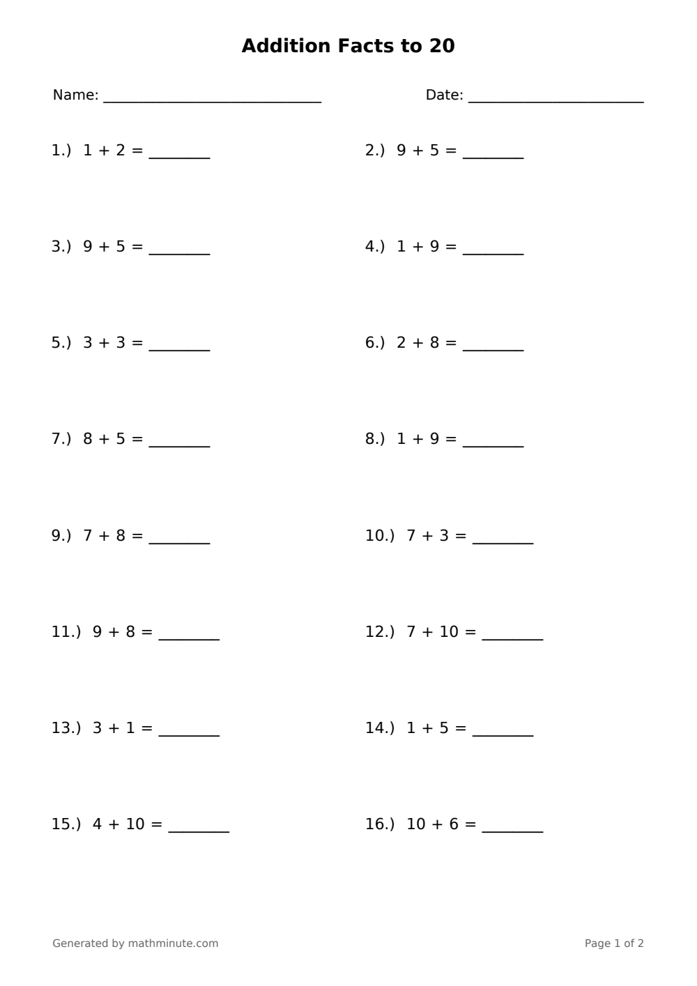 Free printable Addition Facts to 20 math worksheet — page 1 preview.