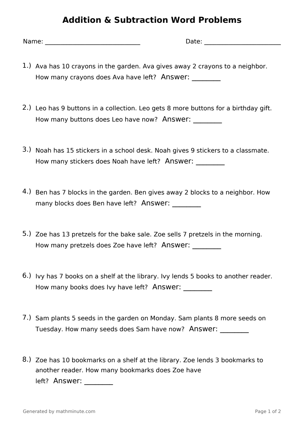 Free printable Addition & Subtraction Word Problems math worksheet — page 1 preview.