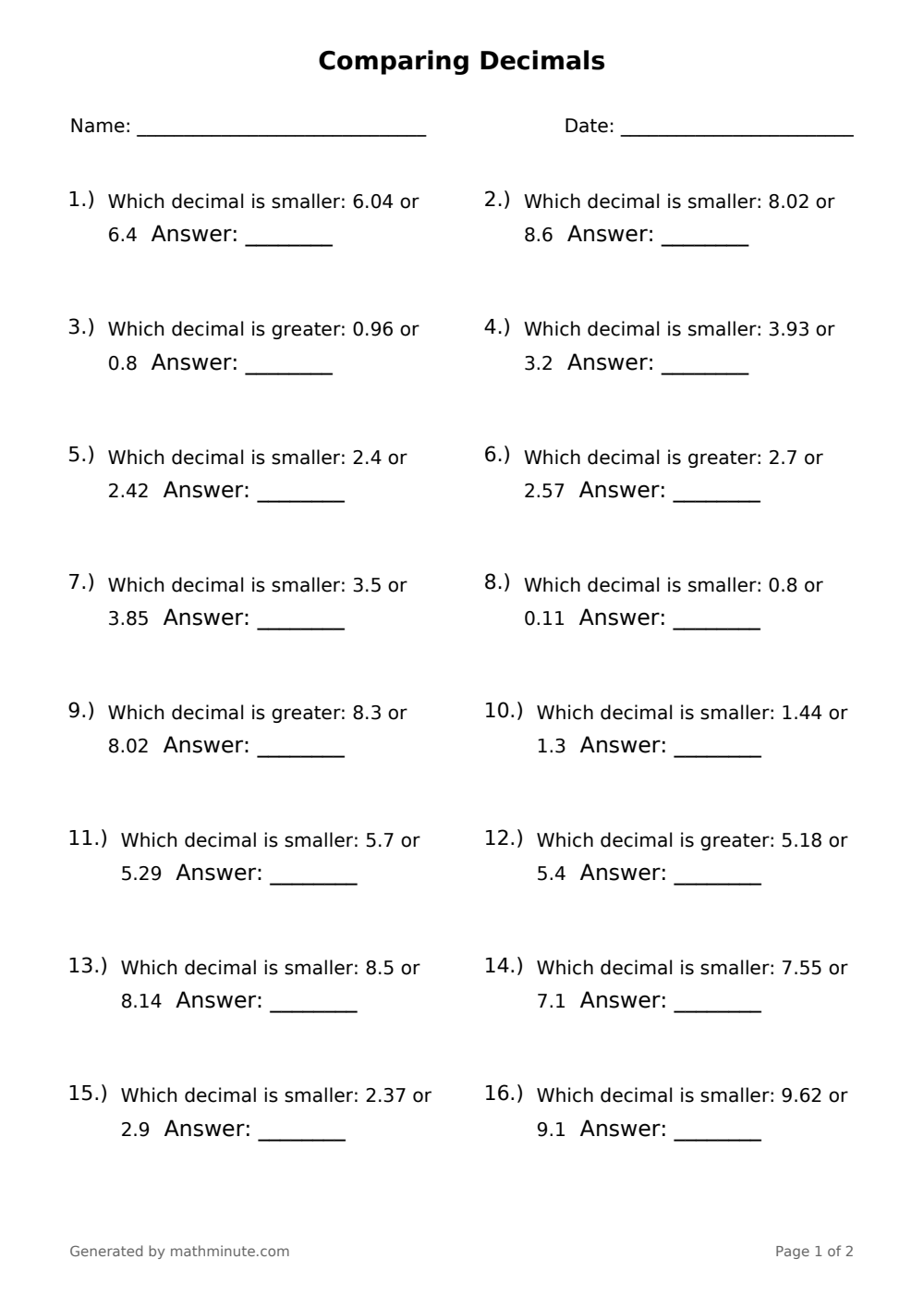 Free printable Comparing Decimals math worksheet — page 1 preview.