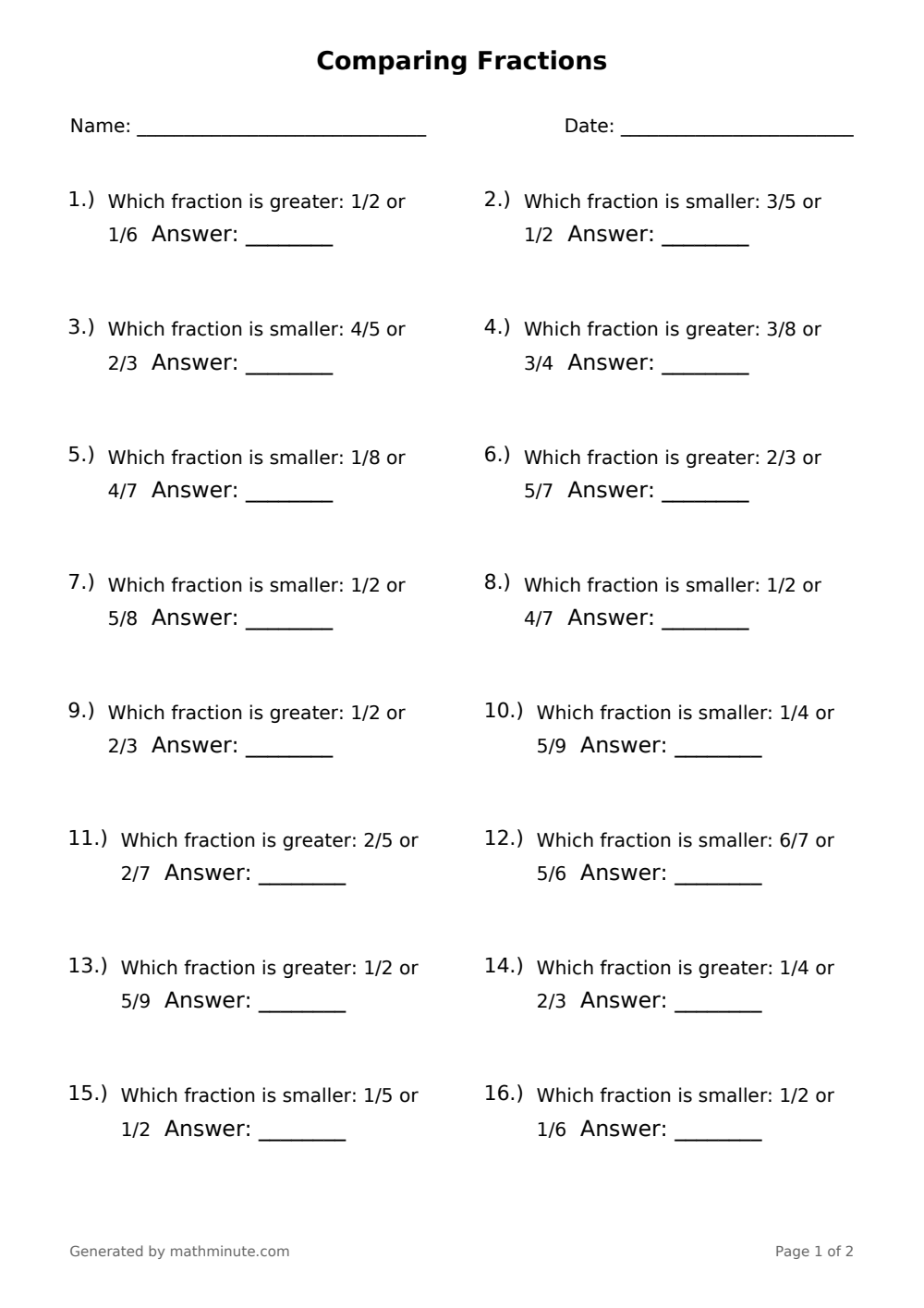 Free printable Comparing Fractions math worksheet — page 1 preview.