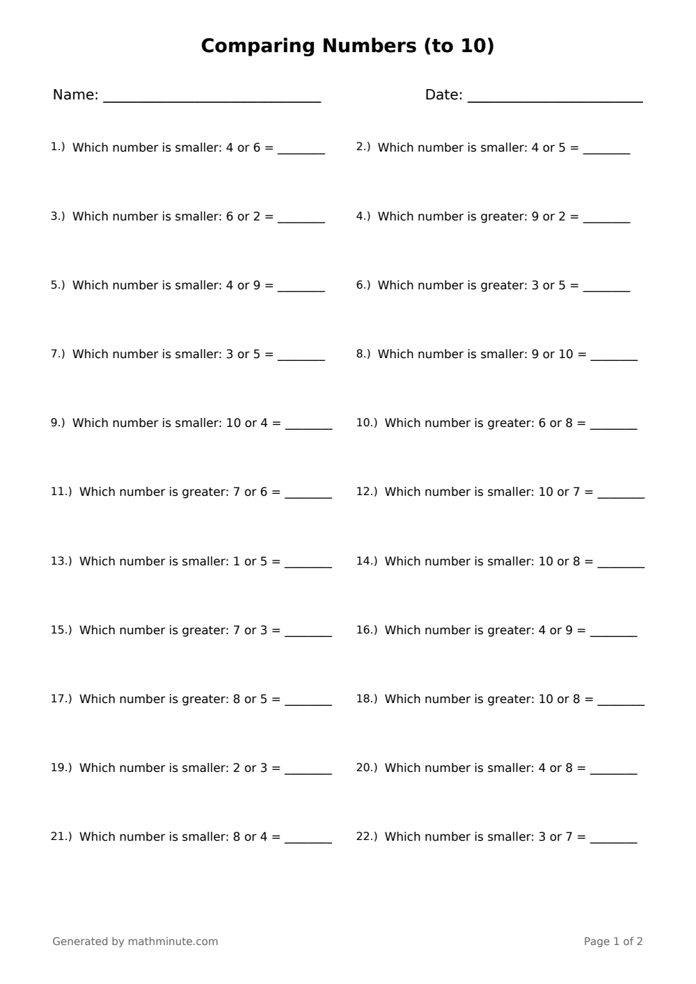 Free printable Comparing Numbers (to 10) math worksheet — page 1 preview.