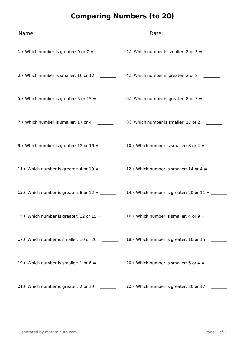 Free printable Comparing Numbers (to 20) math worksheet — page 1 preview.