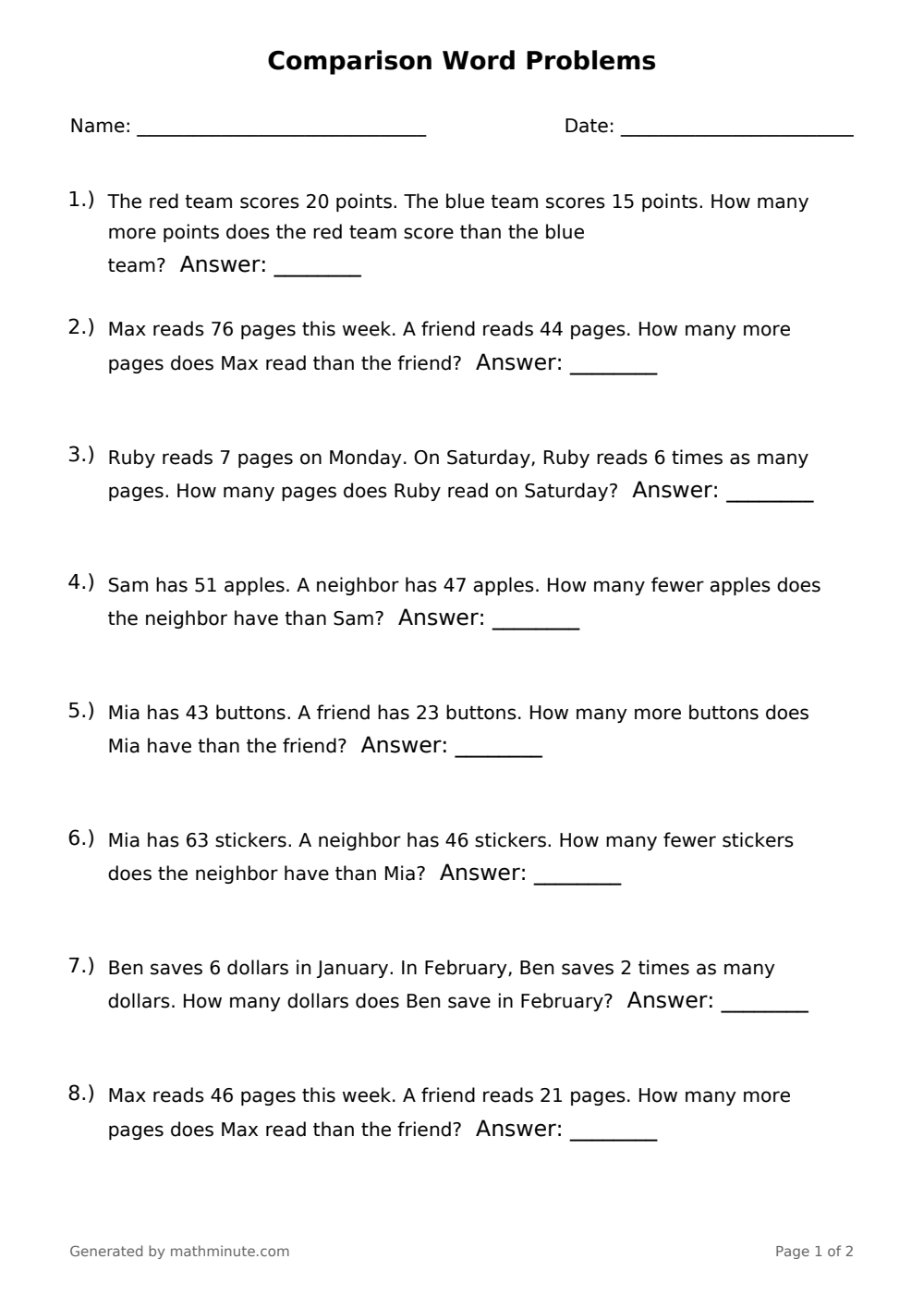 Free printable Comparison Word Problems math worksheet — page 1 preview.
