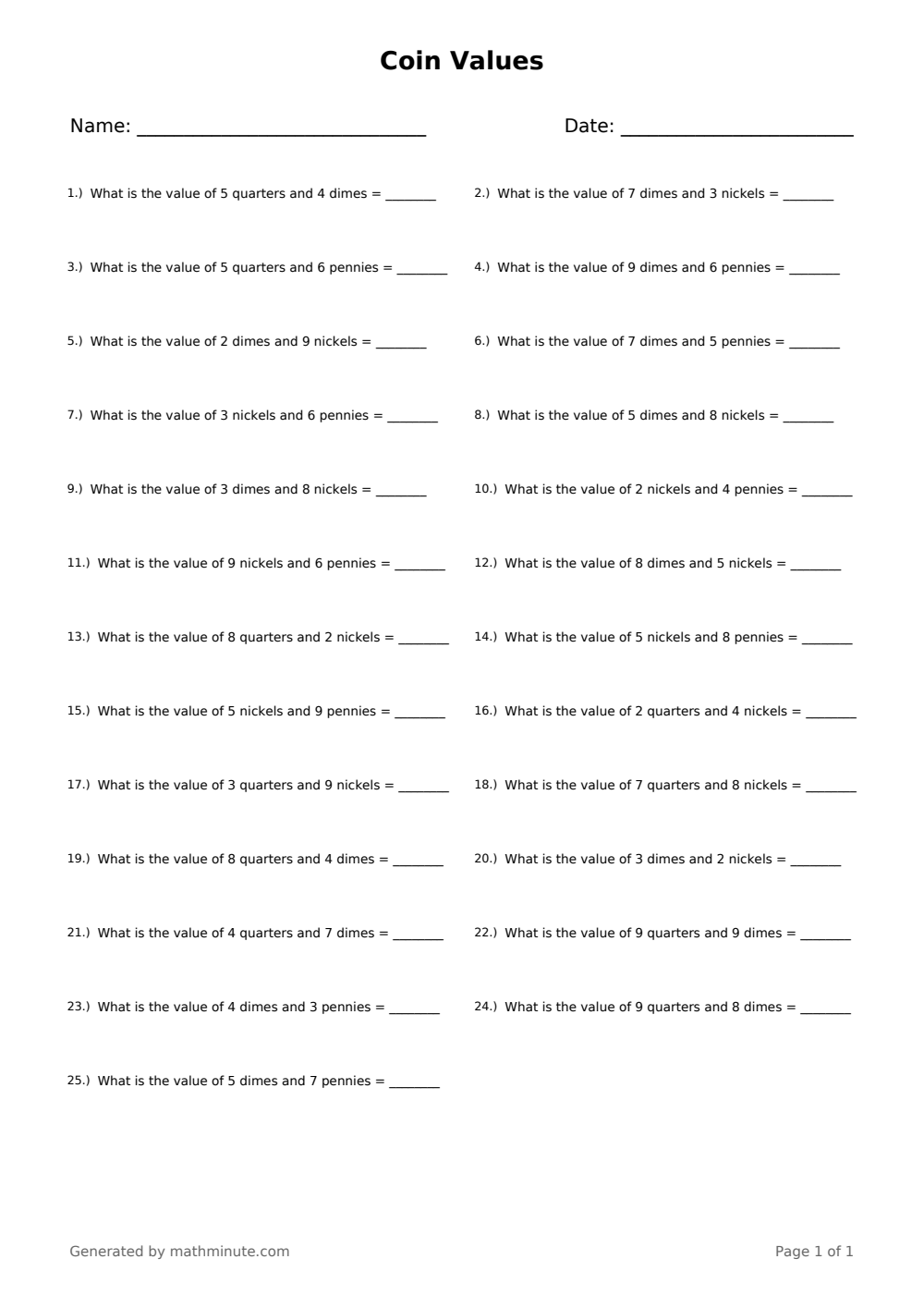 Free printable Coin Values math worksheet — page 1 preview.