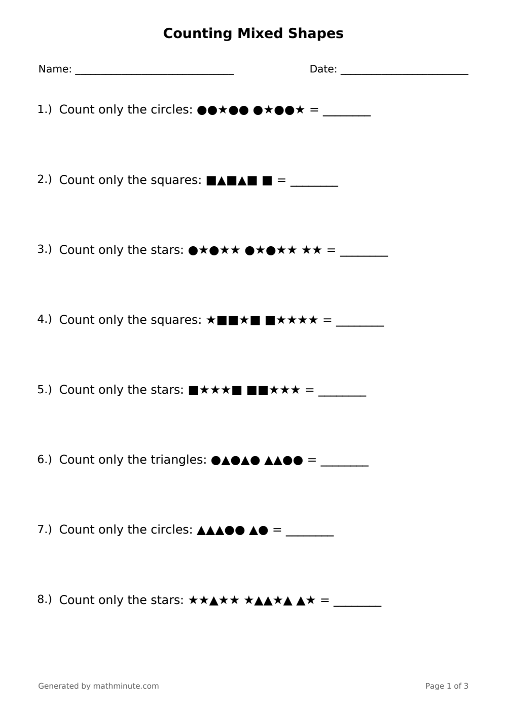 Free printable Counting Mixed Shapes math worksheet — page 1 preview.