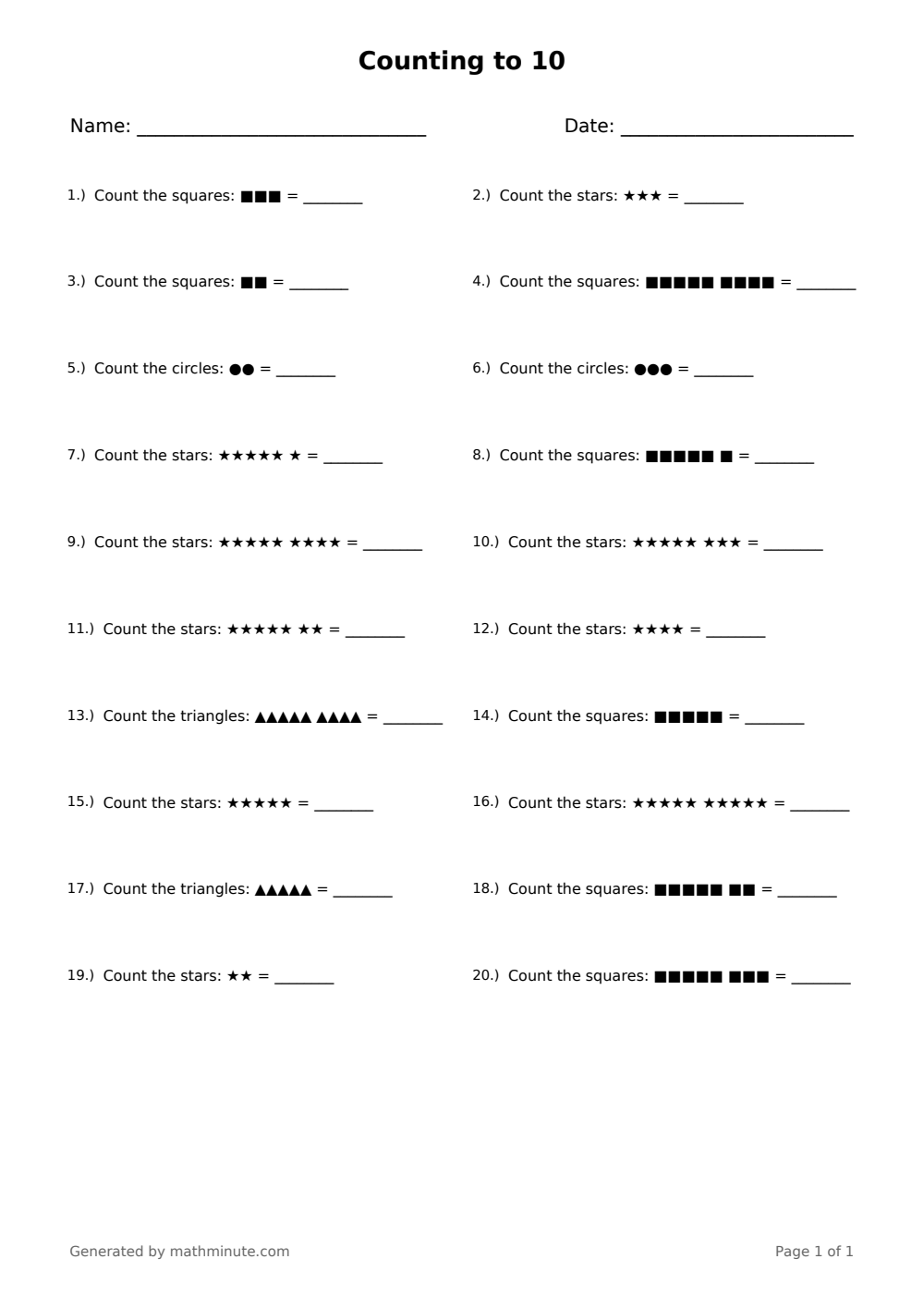 Free printable Counting to 10 math worksheet — page 1 preview.