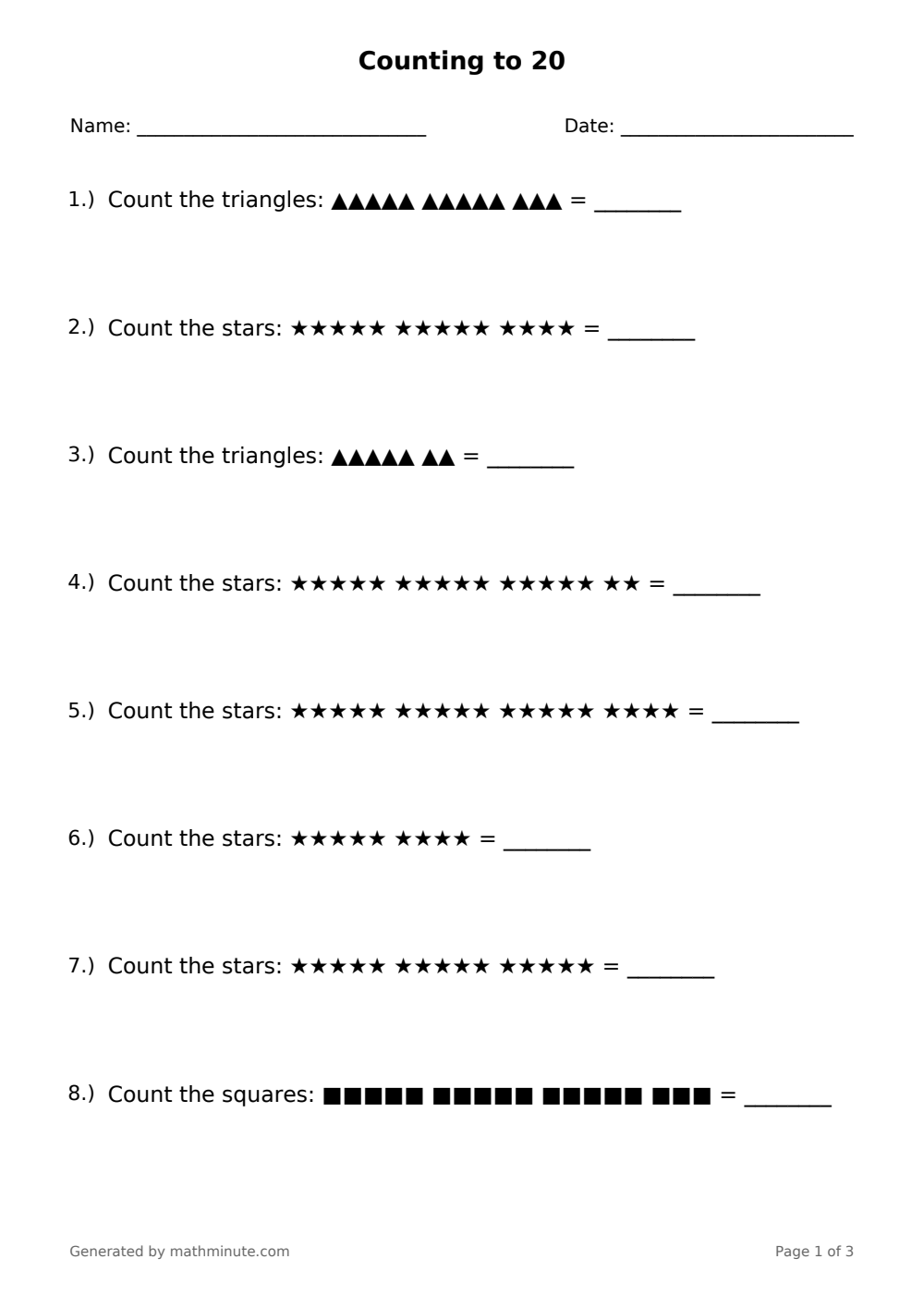 Free printable Counting to 20 math worksheet — page 1 preview.