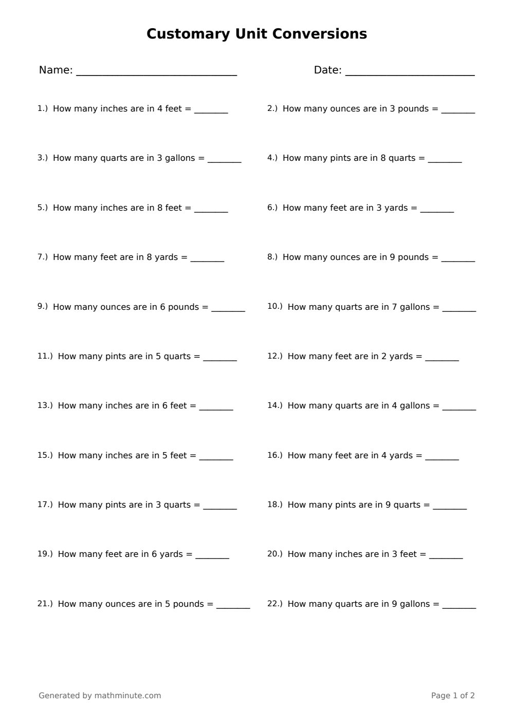 Free printable Customary Unit Conversions math worksheet — page 1 preview.
