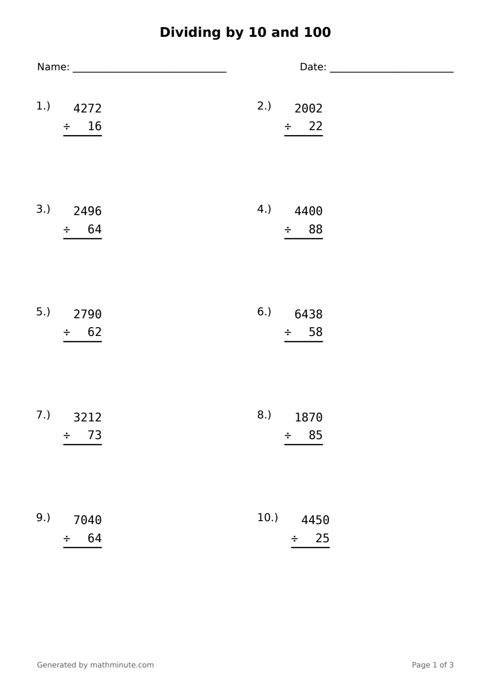Free printable Dividing by 10 and 100 math worksheet — page 1 preview.
