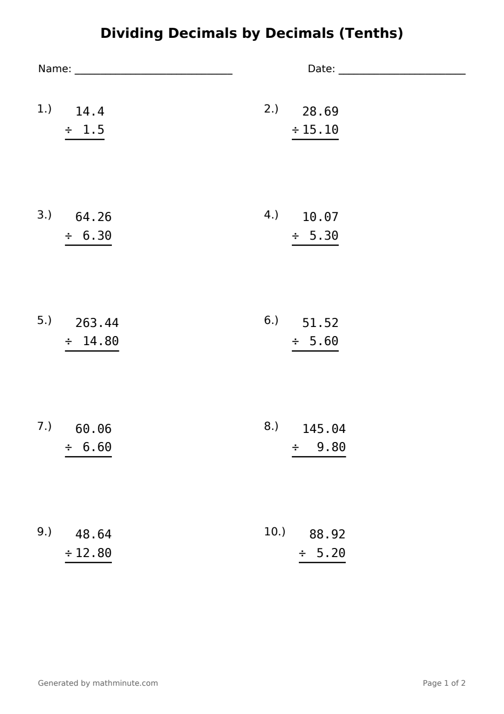 Free printable Dividing Decimals by Decimals (Tenths) math worksheet — page 1 preview.