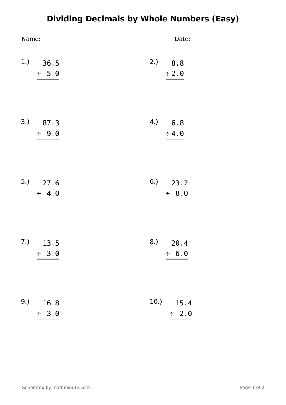 Free printable Dividing Decimals by Whole Numbers (Easy) math worksheet — page 1 preview.
