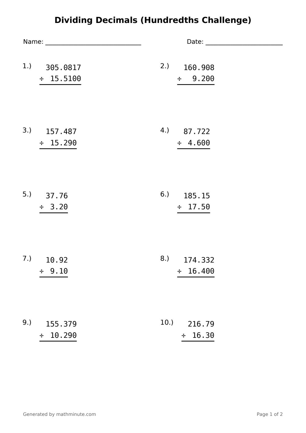 Free printable Dividing Decimals (Hundredths Challenge) math worksheet — page 1 preview.