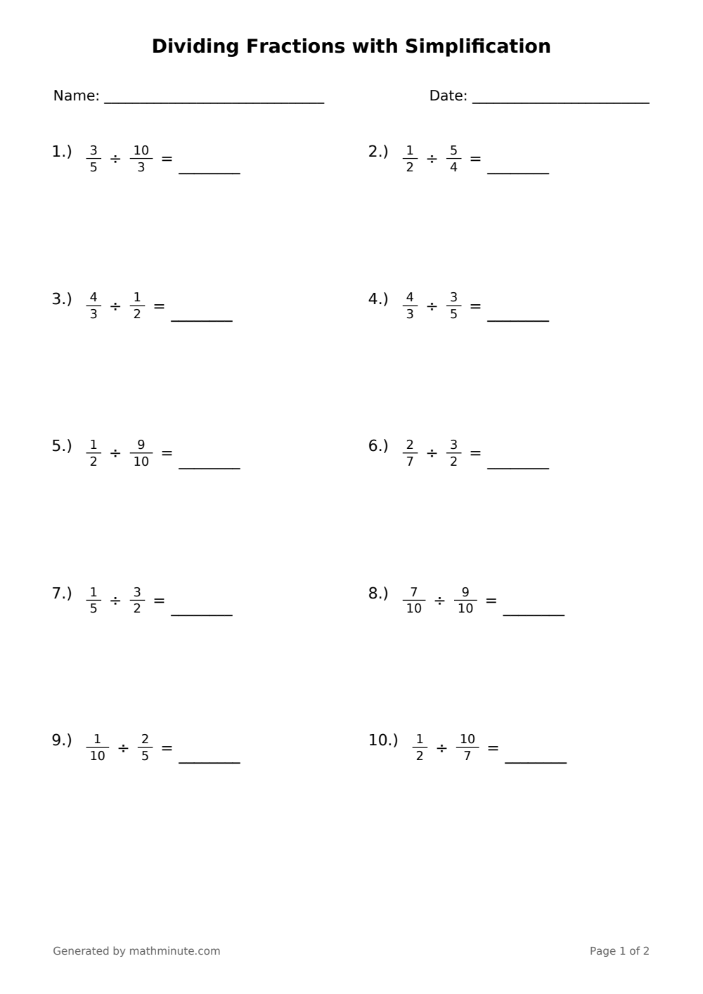 Free printable Dividing Fractions with Simplification math worksheet — page 1 preview.