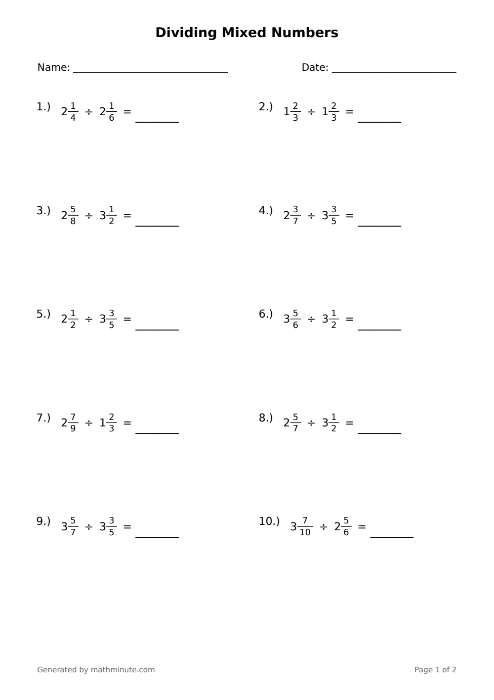 Free printable Dividing Mixed Numbers math worksheet — page 1 preview.