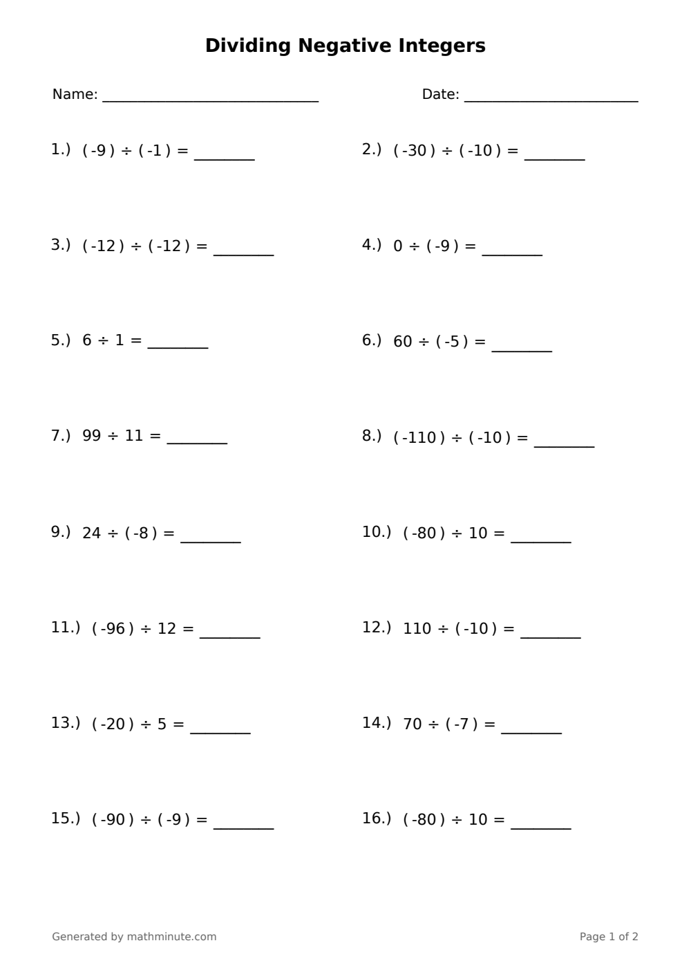 Free printable Dividing Negative Integers math worksheet — page 1 preview.