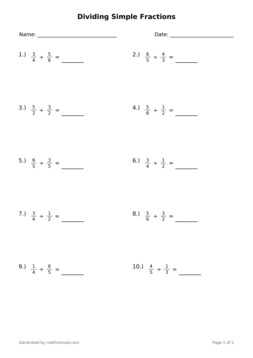 Free printable Dividing Simple Fractions math worksheet — page 1 preview.