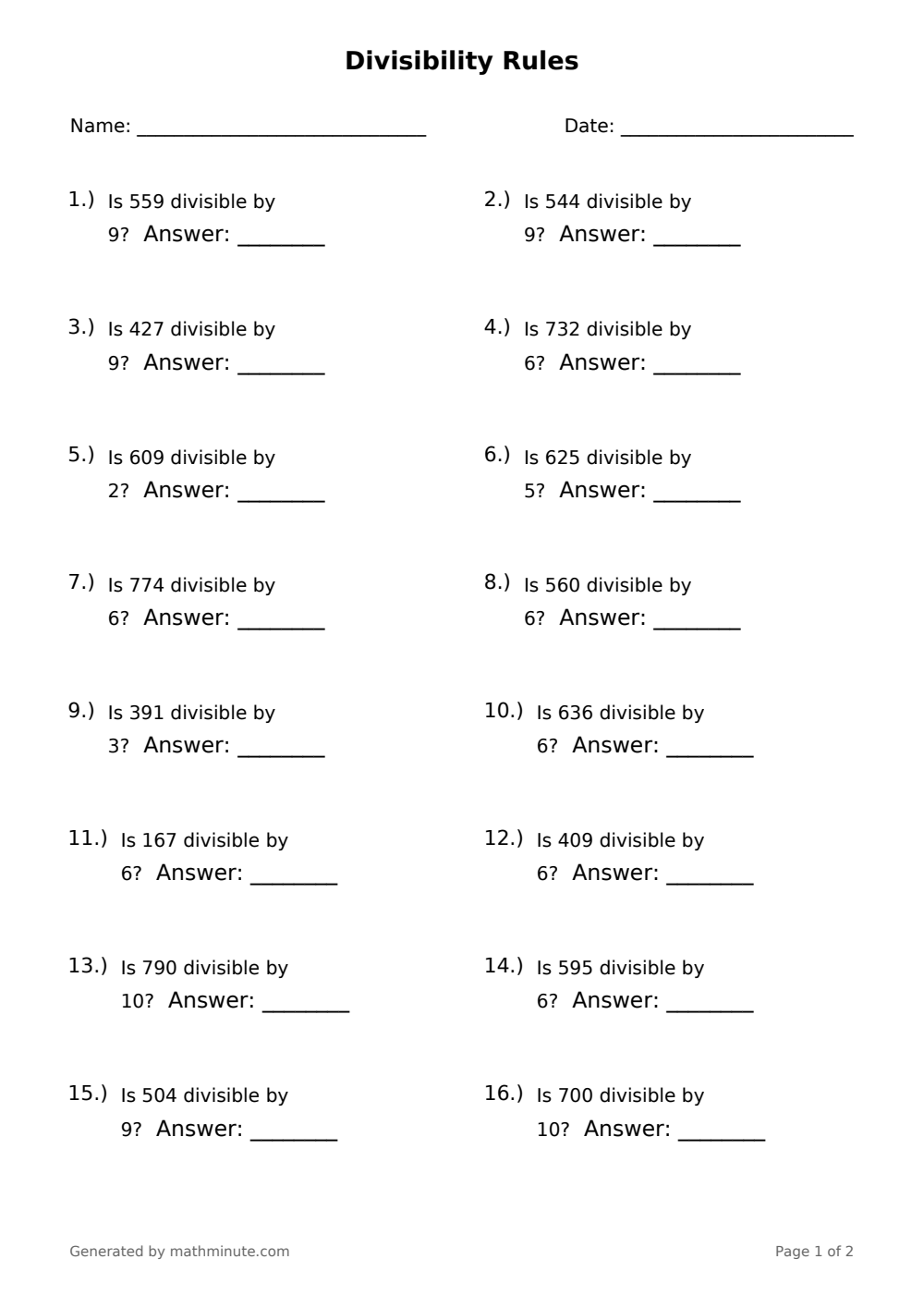Free printable Divisibility Rules math worksheet — page 1 preview.