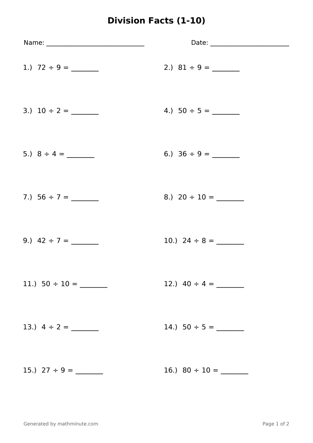 Free printable Division Facts (1-10) math worksheet — page 1 preview.