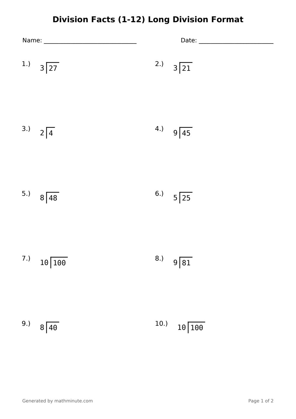 Free printable Division Facts (1-12) Long Division Format math worksheet — page 1 preview.
