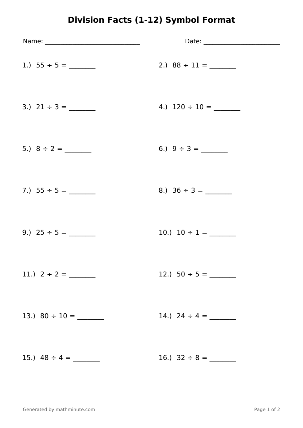 Free printable Division Facts (1-12) Symbol Format math worksheet — page 1 preview.