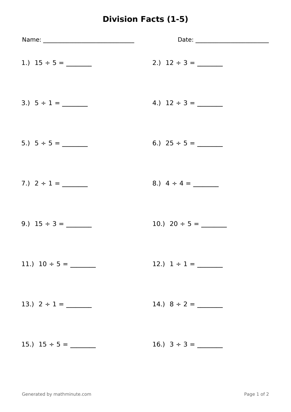 Free printable Division Facts (1-5) math worksheet — page 1 preview.