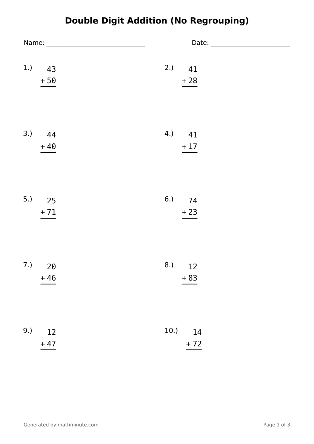 Free printable Double Digit Addition (No Regrouping) math worksheet — page 1 preview.
