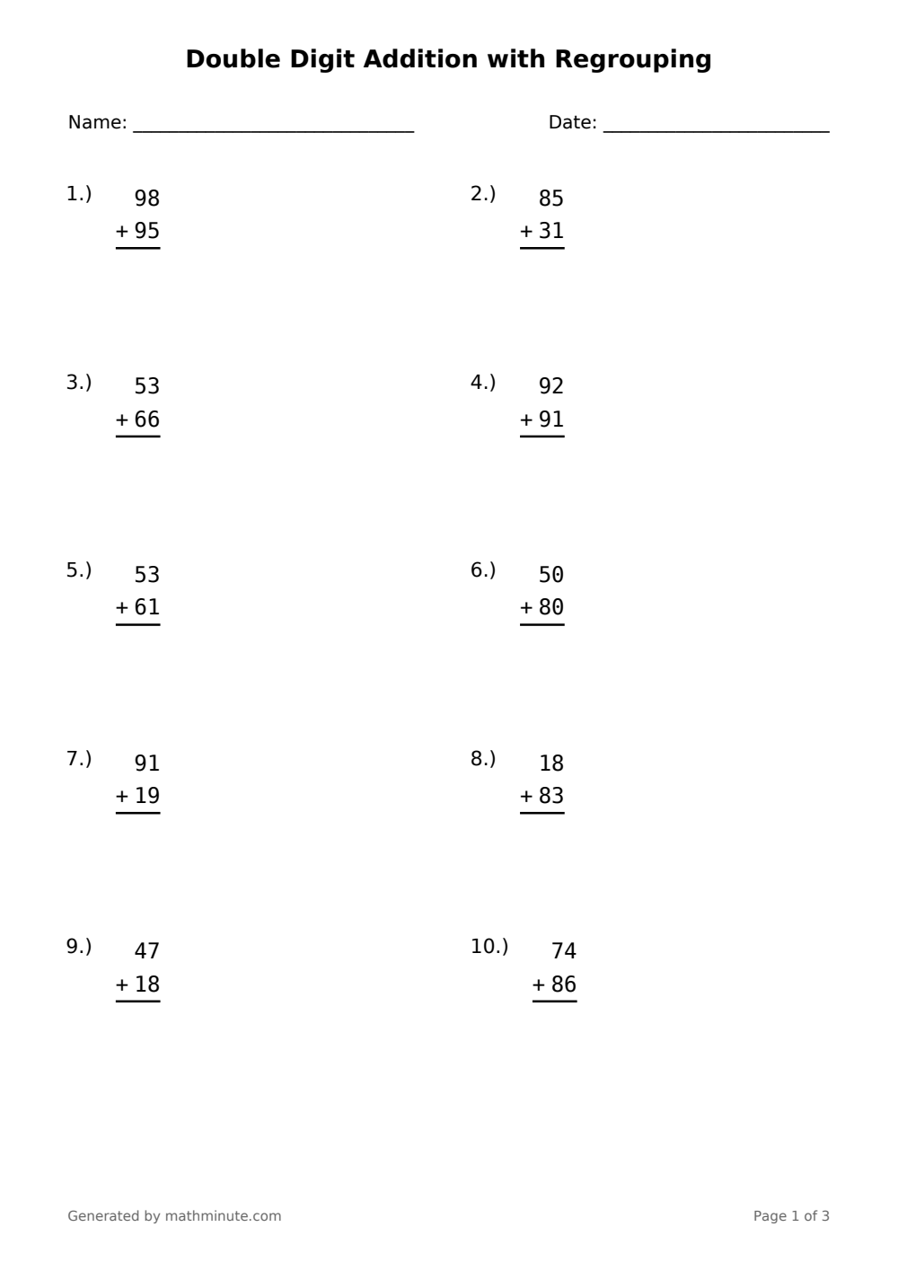 Free printable Double Digit Addition with Regrouping math worksheet — page 1 preview.