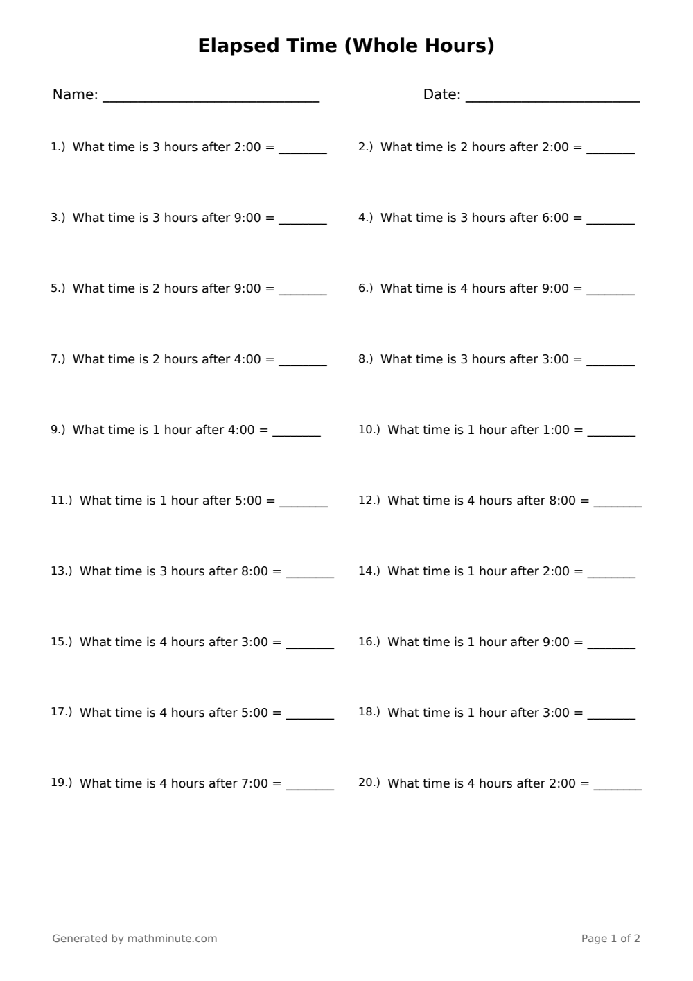 Free printable Elapsed Time (Whole Hours) math worksheet — page 1 preview.