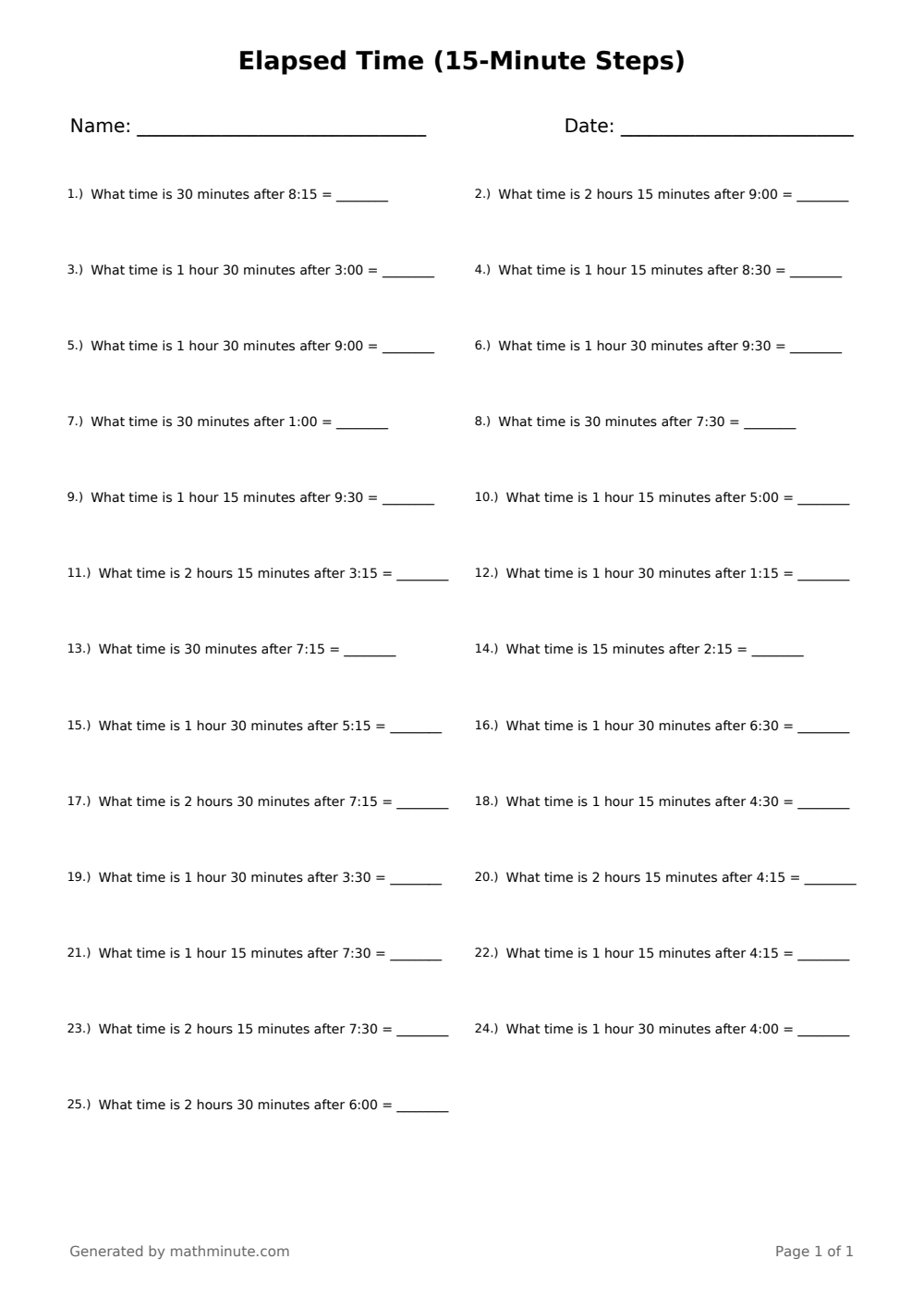 Free printable Elapsed Time (15-Minute Steps) math worksheet — page 1 preview.