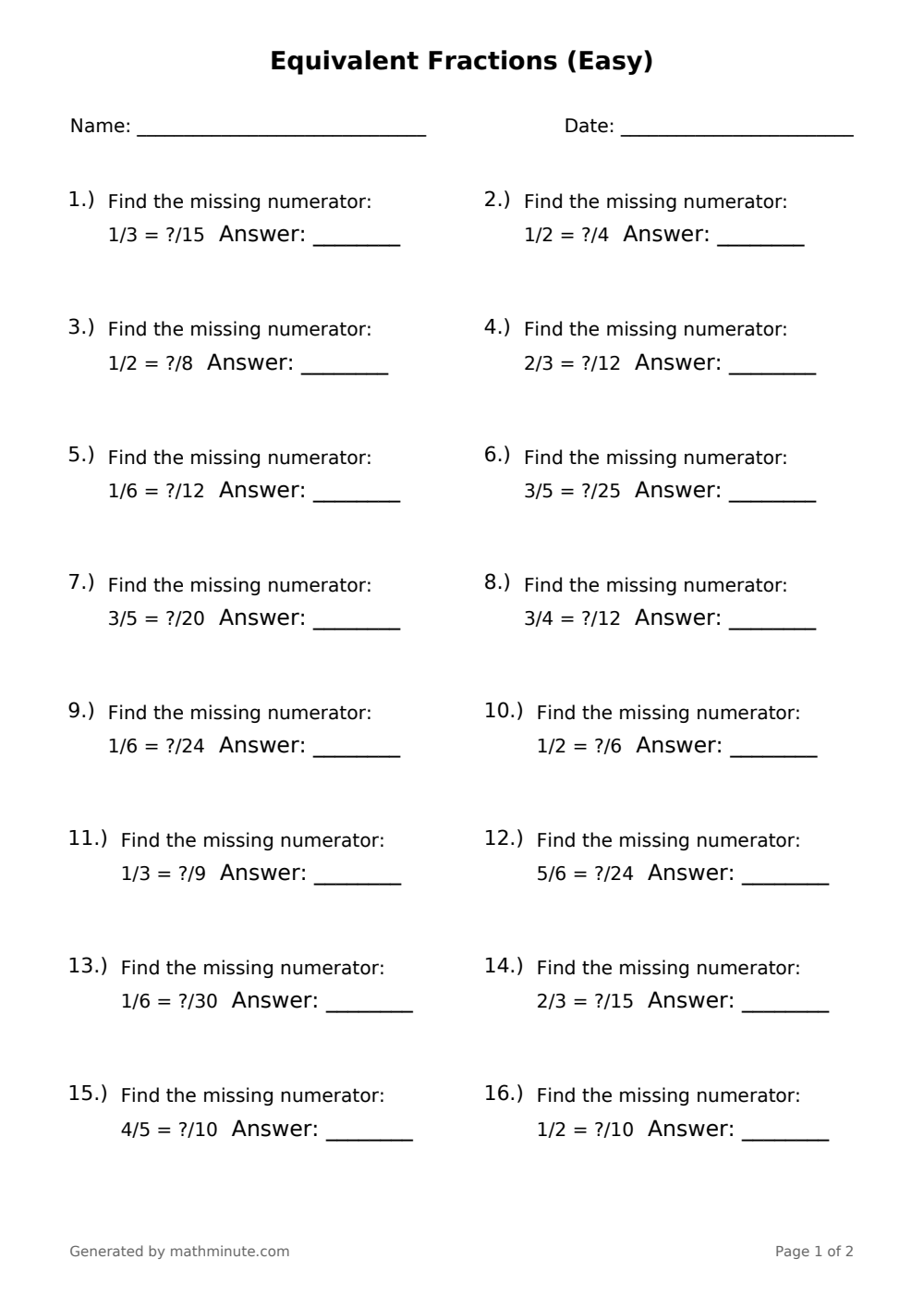 Free printable Equivalent Fractions (Easy) math worksheet — page 1 preview.