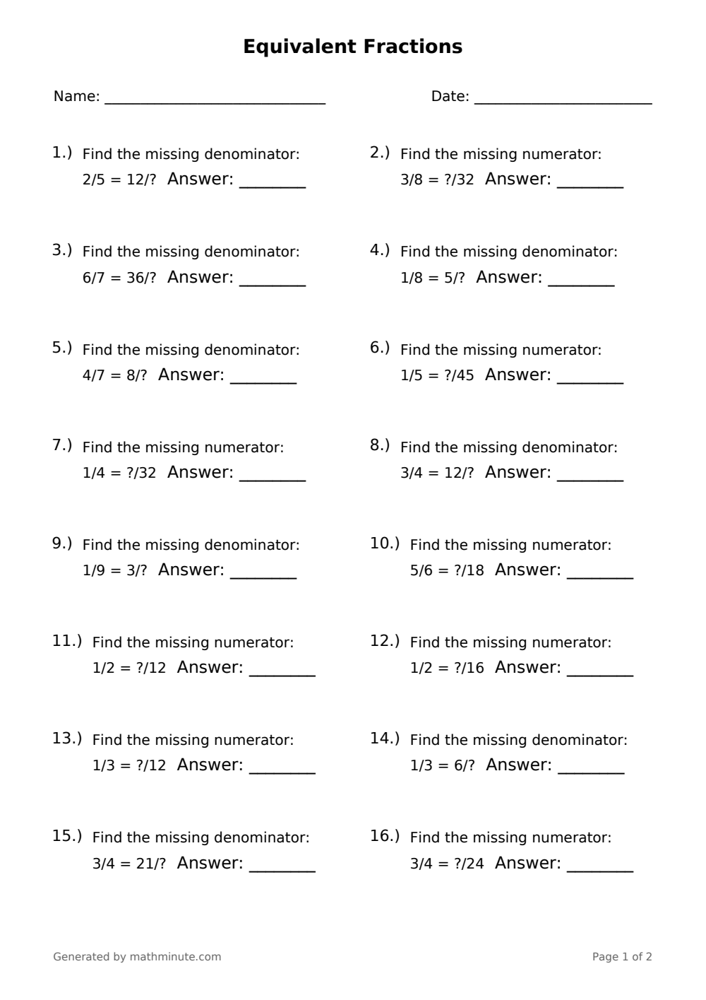 Free printable Equivalent Fractions math worksheet — page 1 preview.