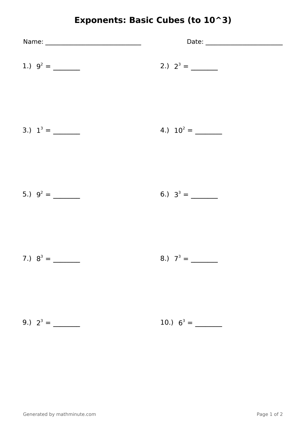 Free printable Exponents: Basic Cubes (to 10^3) math worksheet — page 1 preview.