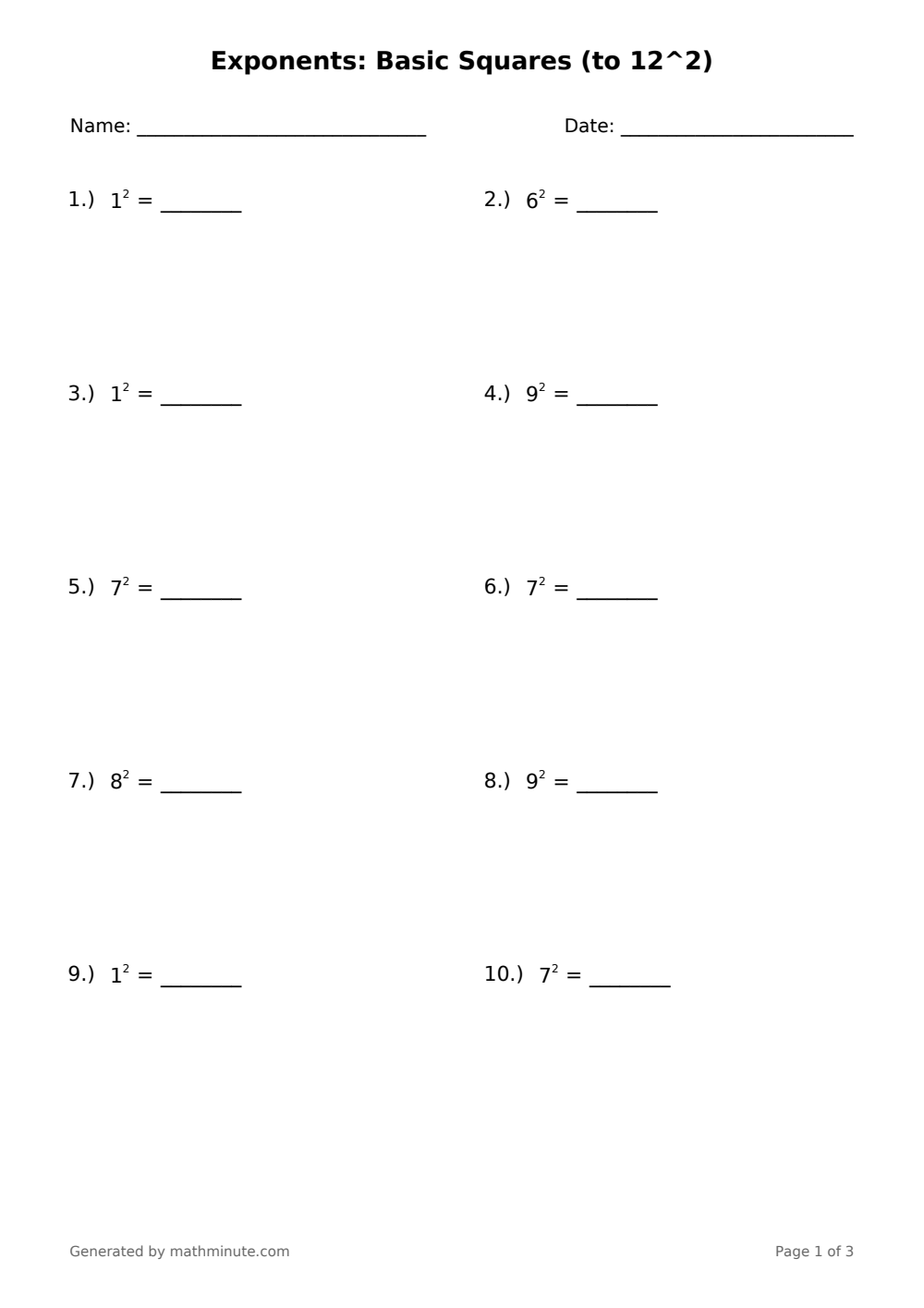 Free printable Exponents: Basic Squares (to 12^2) math worksheet — page 1 preview.