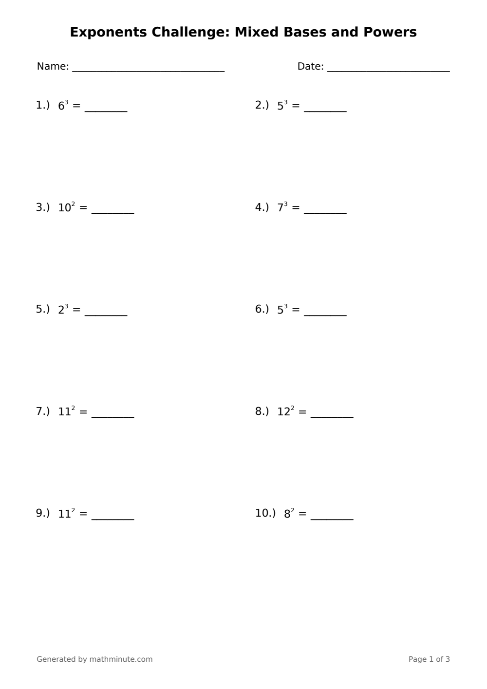 Free printable Exponents Challenge: Mixed Bases and Powers math worksheet — page 1 preview.