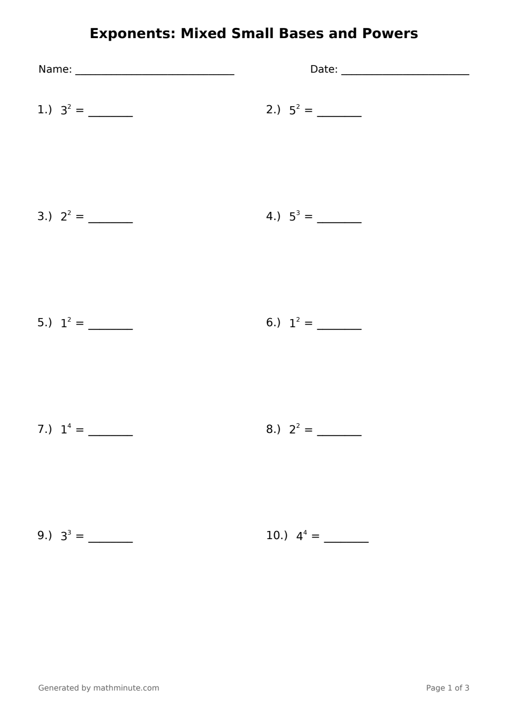 Free printable Exponents: Mixed Small Bases and Powers math worksheet — page 1 preview.