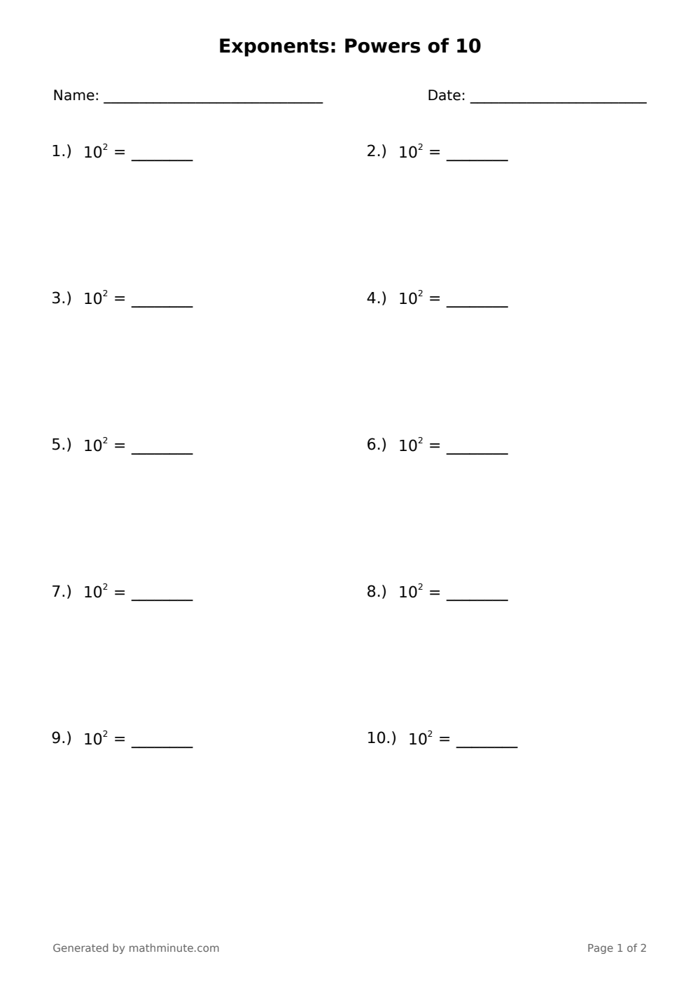 Free printable Exponents: Powers of 10 math worksheet — page 1 preview.