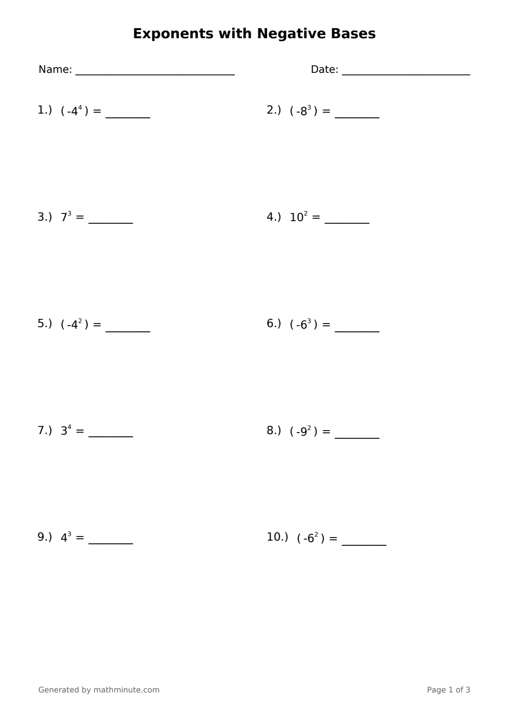 Free printable Exponents with Negative Bases math worksheet — page 1 preview.