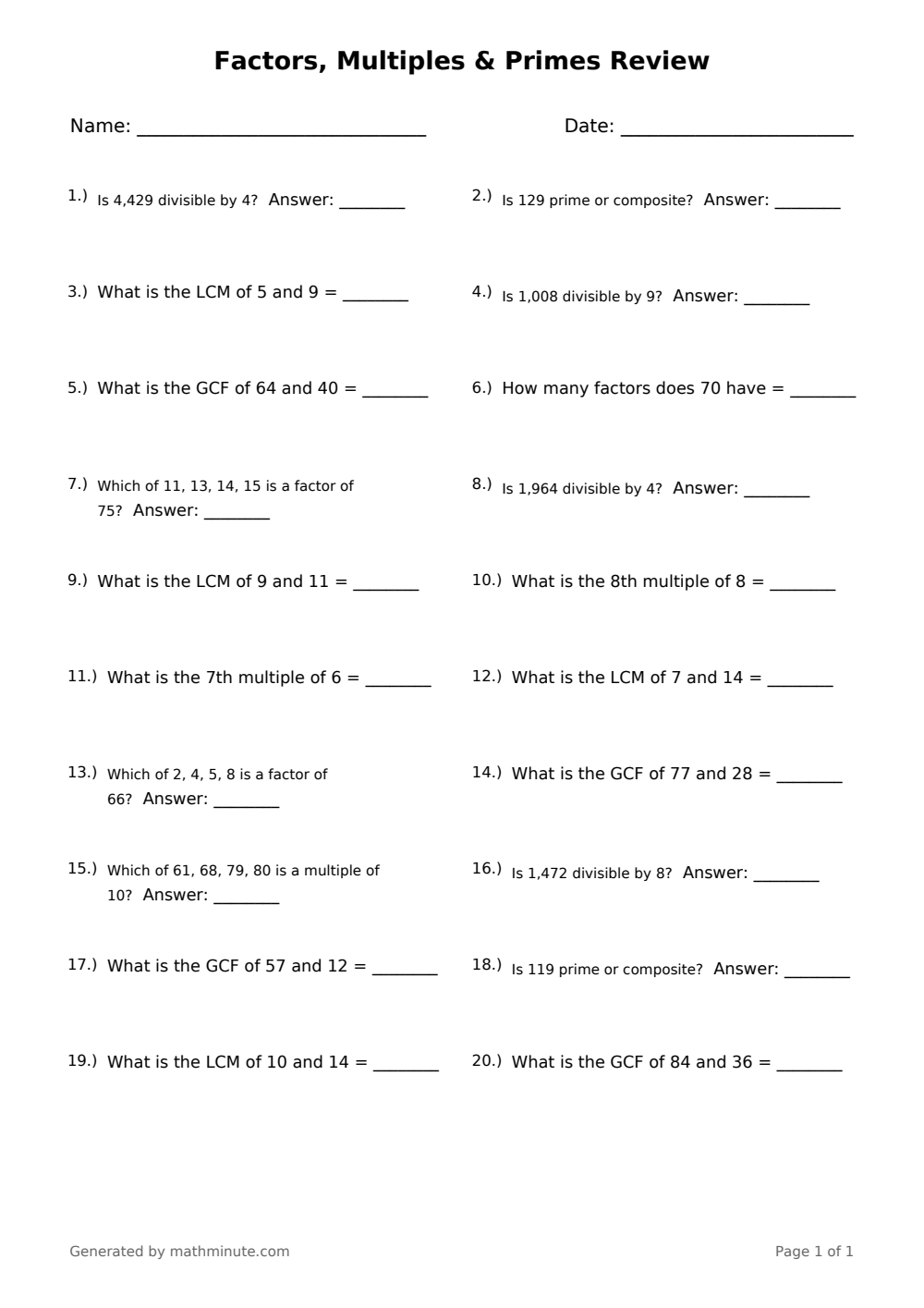 Free printable Factors, Multiples & Primes Review math worksheet — page 1 preview.