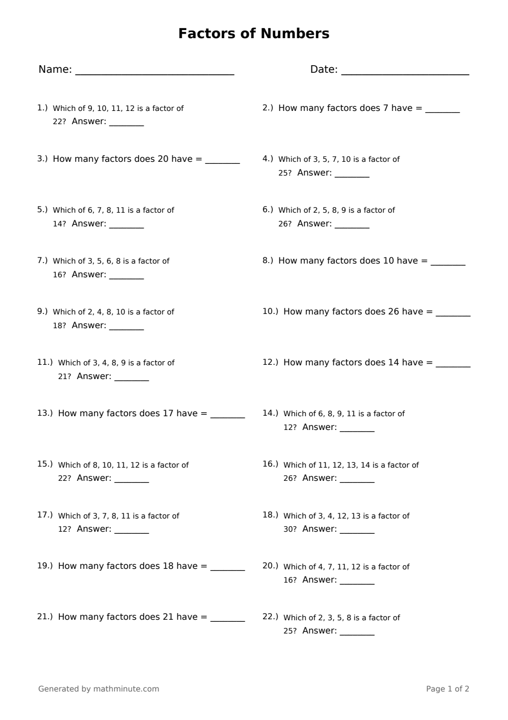 Free printable Factors of Numbers math worksheet — page 1 preview.