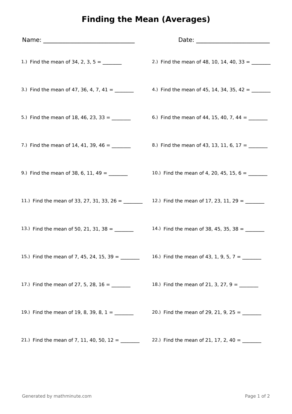 Free printable Finding the Mean (Averages) math worksheet — page 1 preview.