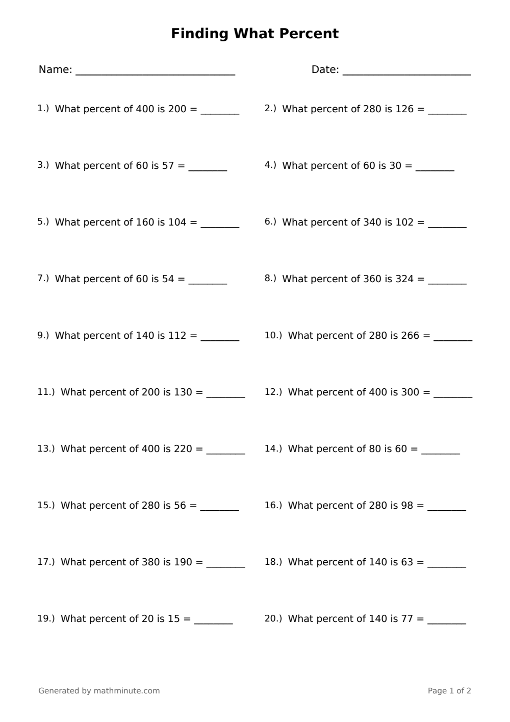 Free printable Finding What Percent math worksheet — page 1 preview.