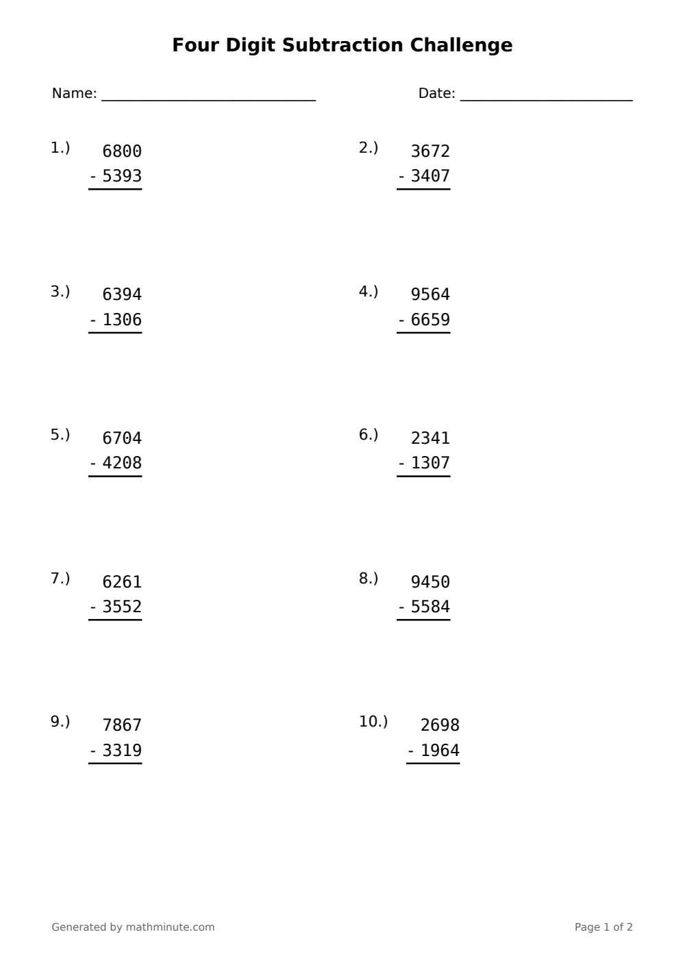 Free printable Four Digit Subtraction Challenge math worksheet — page 1 preview.
