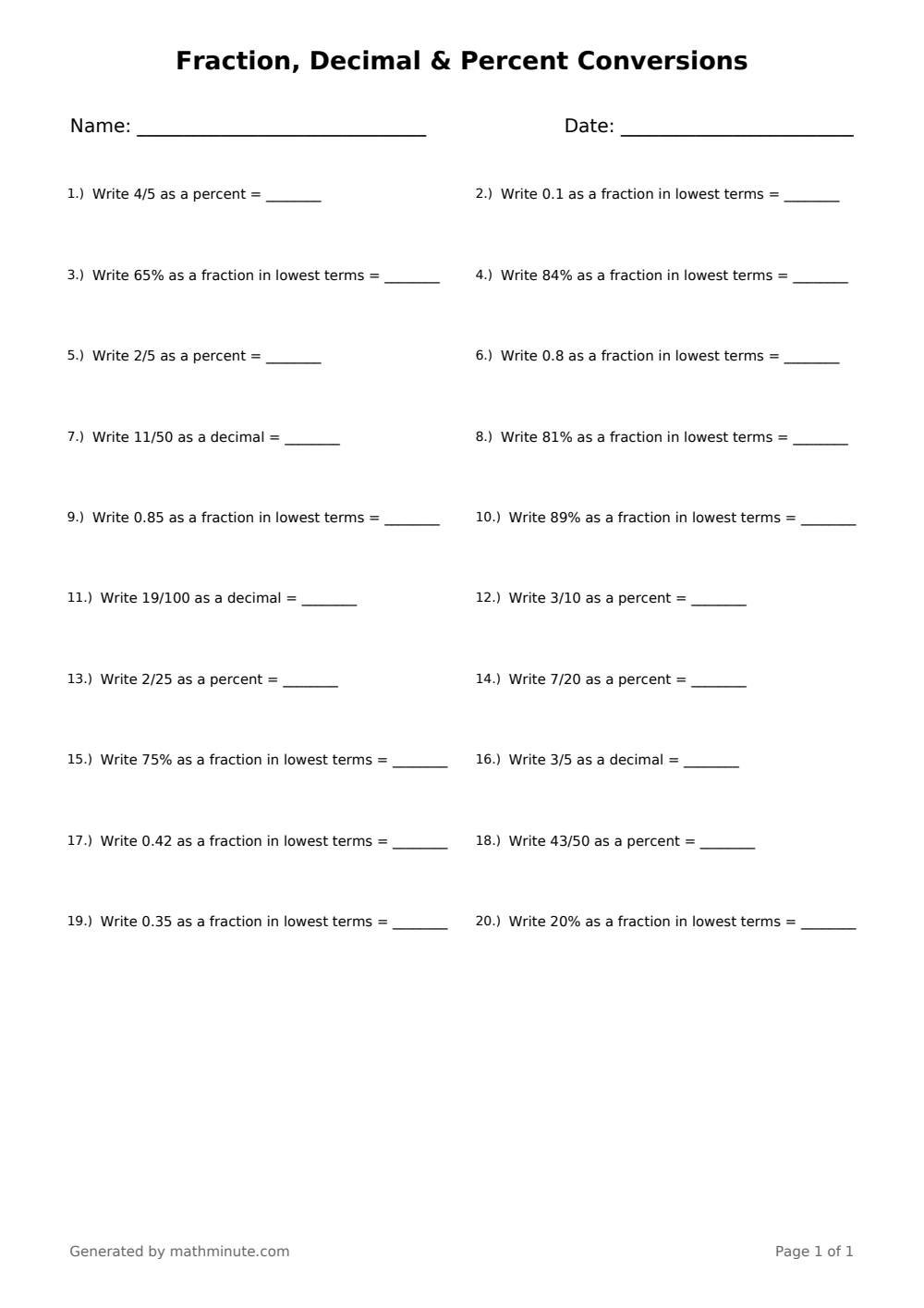 Free printable Fraction, Decimal & Percent Conversions math worksheet — page 1 preview.
