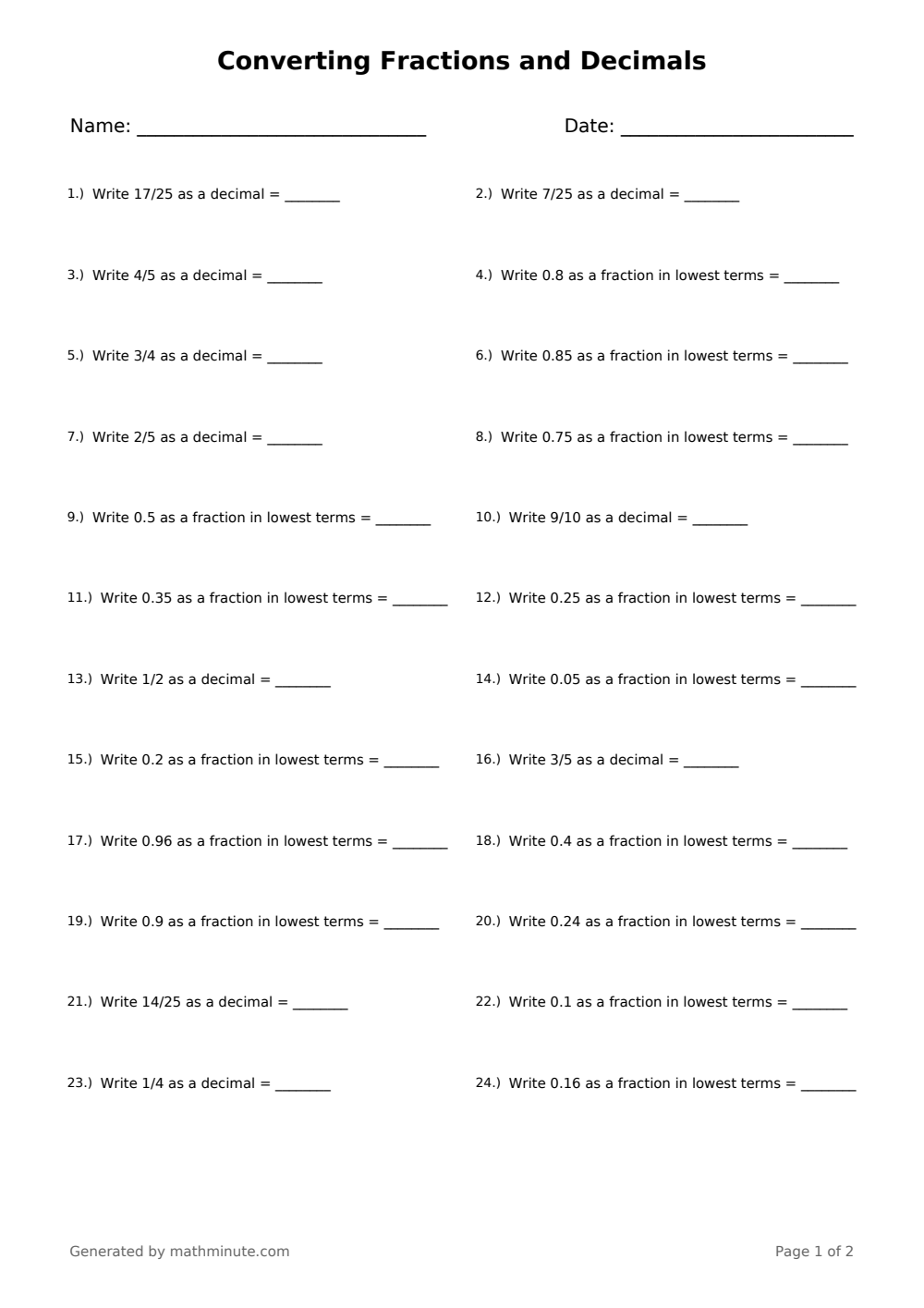 Free printable Converting Fractions and Decimals math worksheet — page 1 preview.
