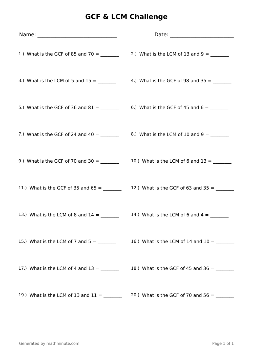 Free printable GCF & LCM Challenge math worksheet — page 1 preview.
