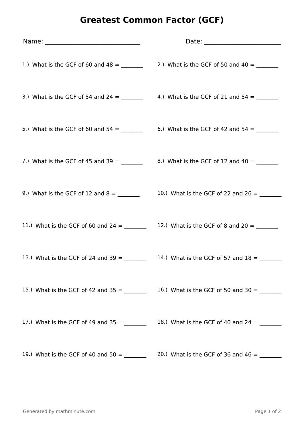 Free printable Greatest Common Factor (GCF) math worksheet — page 1 preview.